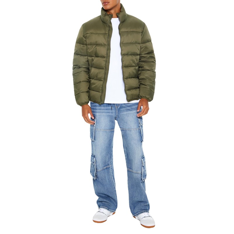 Forever 21 Men's Packable Zip-Up Puffer Jacket, Olive