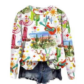 AIMITAG Cowboys Boots Print Sweatshirt Women Long Live Western Vintage Cowgirl Graphic Shirts Boho Country Music Pullover(Large,White)