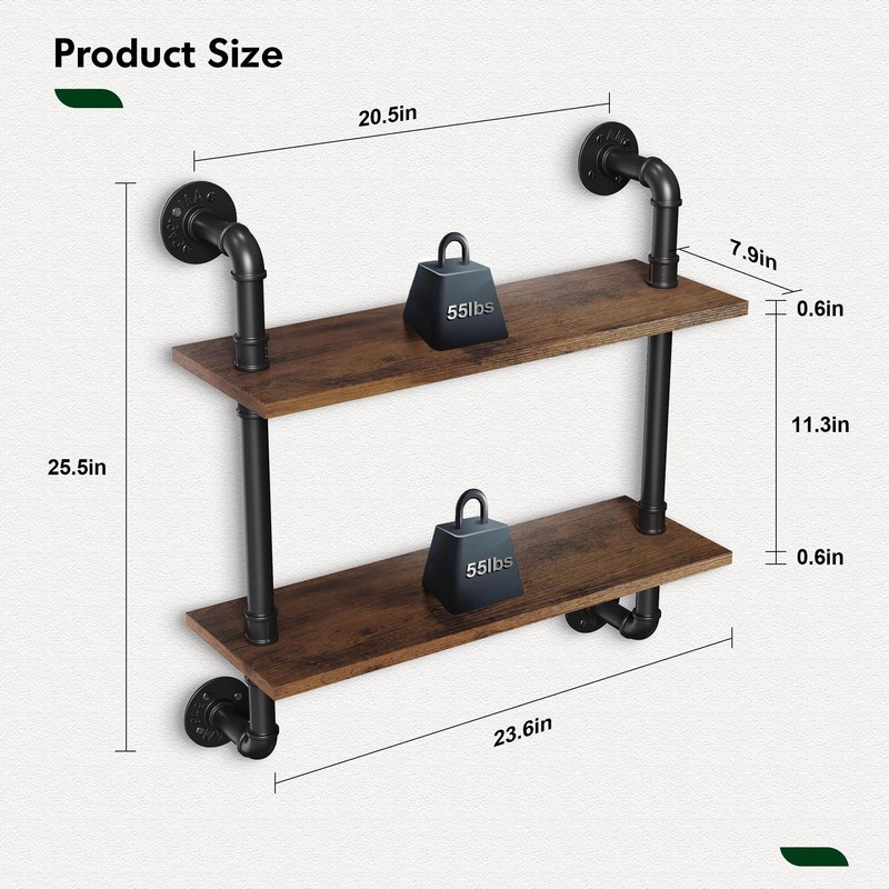 Merapi 24" Industrial Floating Shelves, Pipe Shelves for Wall, 2