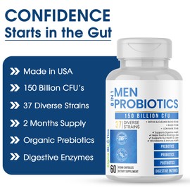 Probiotics for Men - 150 Billion CFU Acidophilus Capsules with Prebiotics & Postbiotics - Supports Gut Microbiome, Colon & Immune Health - 37 Strains with Digestive Enzymes - 60 Vegan Capsules