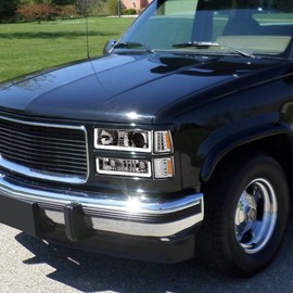 DRL LED Strip Tube Bar Chrome Housing Projector Headlights With Signal Bumper + Corner Lamps Amber Reflector 8-Pieces nb Compatible With 94-00 Chevy C10 C/K Pickup Truck / Silverado Suburban Tahoe