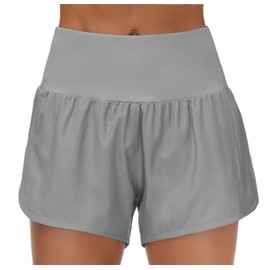 The GYM People - Pantalones cortos de entrenamiento deportivos de cintura alta para mujer, de secado rápido, con forro de malla, bolsillos con cierre, Lavanda gris, Large