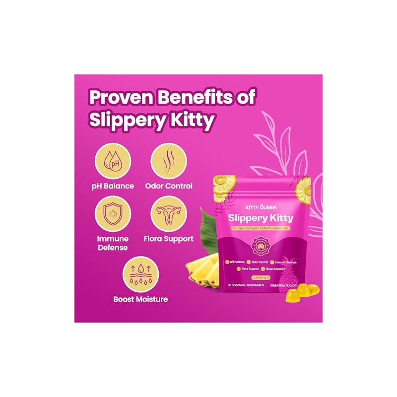 KITTYQUEEN Slippery Kitty Feminine Probiotic and Moisture Gummies, Pineapple Flavor,