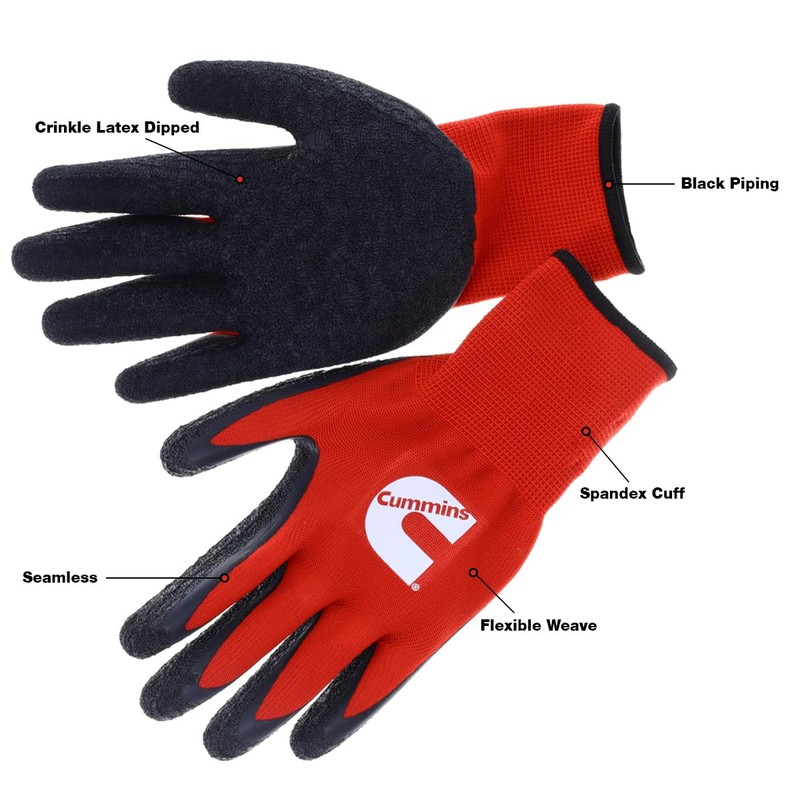 Cummins Red Latex Dipped Palm Gloves - Textured Work Gloves,