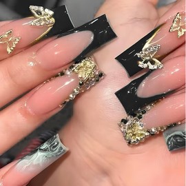 French Tip Press on Nails Long Square Fake Nails Glossy Acrylic Nails 3D Gold Butterfly Charm Diamond Design Stick on Nails Chinese Ink False Nail Tips Long Artificial Nails for Women Manicure 24pcs