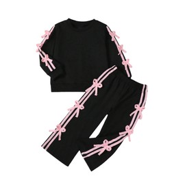 Verdusa Girl's 2 Piece Coquette Tracksuit Striped Sweatshirt with Workout Pants Clothing Set Black 5 Years