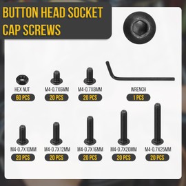 DTGN 200Pcs M4-0.7x6/8/10/12/16/20/25mm Button Head Socket Cap Screws - Carbon Steel Bolt Nut Set Washer Assortment Kit & Wrench - Good for Road Bicycle, Mountain Bike, Auto
