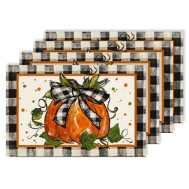 Juego de 4 manteles individuales a cuadros de calabaza de otoño, 12 x 18 pulgadas, tapete de mesa de otoño para el hogar, cocina, comedor, fiesta, decoración interior al aire última intervensión CD07
