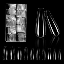 Fake Nails, Pack of 500 Nail Tips for Gel Nails, 10 Sizes, Full Cover Nail Tips, Transparent, Artificial Nails for Nail Salons and DIY Nail Art, Long Ballerina