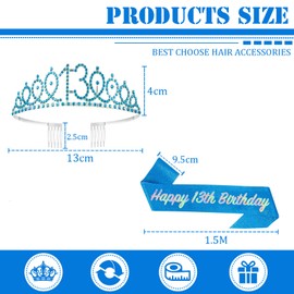 13th Birthday Sash and Tiara for Girls,Blue 13th Birthday Crown Costume Set for 13th Birthday Gifts,Rhinestone Birthday Crown and Shoulder Strap for Her 13th Birthday Decoration Party Accessories