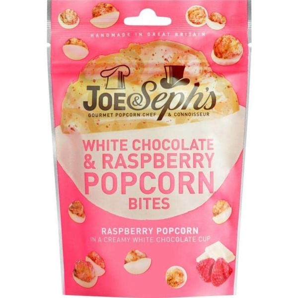 Joe & Seph's White Chocolate & Raspberry Popcorn Bites (1x63g), 1 Star Great Taste Award, gourmet popcorn, air-popped popcorn, popcorn bag, popcorn for a party, sweet popcorn