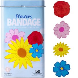 BioSwiss Vendas autoadhesivas con forma de flores, sin látex, estériles, para el cuidado de heridas, divertidos suministros de botiquín de primeros auxilios para niños y adultos, 50 unidades