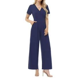 Tanmolo Women's Jumpsuit Elegant Summer Short Sleeve V-Neck Jumpsuit Wide Leg Romper with Pockets, Navy Blue-XF128