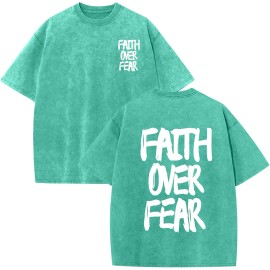 Christian Men's Vintage Oversized Acid Wash Religious T-Shirt with Jesus & God GraphicsColor: Greenfaith over fear, Size: 3 XL