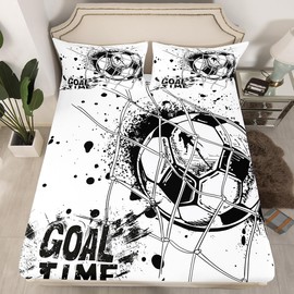 Erosebridal Kids Football Bed Sheets Full 4PCS, American Soccer Sheet Set Sports Games Fitted Sheet for Boys Girls Children Geometric Polygon Flat Sheet Bedroom Living Room Decor, Black White