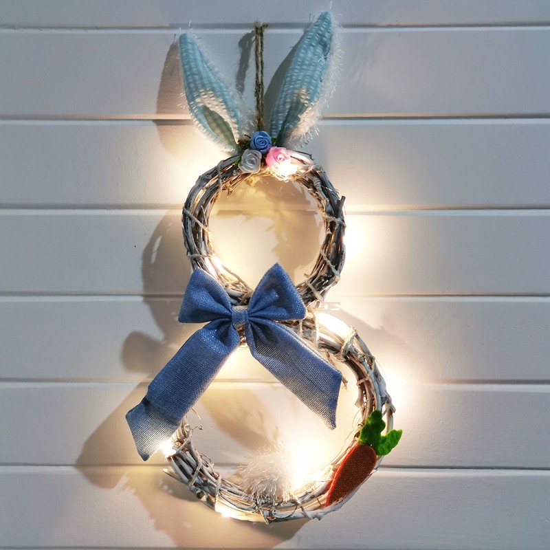 Easter Decoration Wreath with Light Handmade Rattan Easter Rabbit Wreath