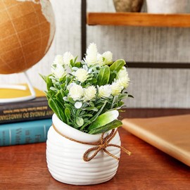 Juvale White Artificial Flowers with Vase, Fake Faux Plants with Small White Vase for Indoor Room, Flower Decorations for Bathroom, Spring Flower Arrangement, Home Decor, 3.5 x 6 Inches
