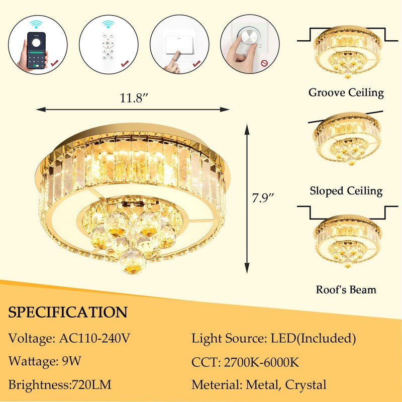 AFQEJG 11.8" Gold Modern Crystal Chandeliers for Dining Room LED