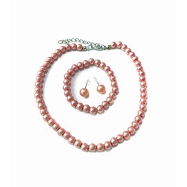 Classic Children's Girls Kids Faux Pearl Necklace Bracelet Earrings Jewelry Party Set UK (Coral Pink)