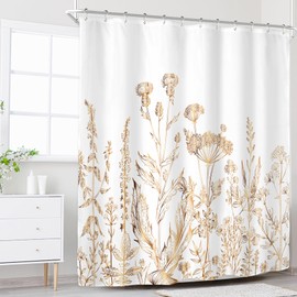 Riyidecor White Gold Floral Wildflower Shower Curtain for Bathroom Decor 60Wx72H Rustic Botanical Herbs Plant Leaves Vintage Nature Farm Art Printed Fabric Polyester Waterproof 12 Pack Plastic Hooks