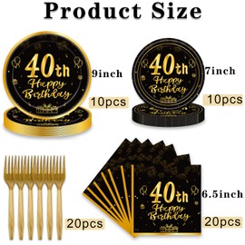 60Pcs 40th Birthday Party Supplies 40th Birthday Plates Napkins Forks Tableware Set Black Gold Happy 40th Birthday Themed Tableware Decoration for Men Women Birthday Party Tableware (Black Gold 40th)