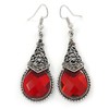 Marcasite Hematite Crystal, Red Glass, Filigree Teardrop Earrings - 53mm