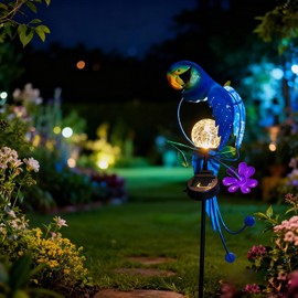 StarryMine Solar Powered Parrot Garden Stake Light, Warm White LED Crackle Globe Light, Waterproof Metal & Glass Outdoor Decor for Yard, Pathway, Lawn, Patio, and Bird Lover Gift