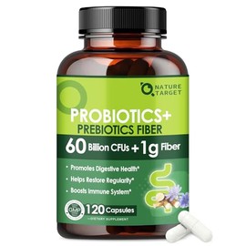 NATURE TARGET Suplemento de fibra prebiótica con 60 mil millones de probióticos para la salud digestiva - Prebióticos y probióticos para mujeres y... 