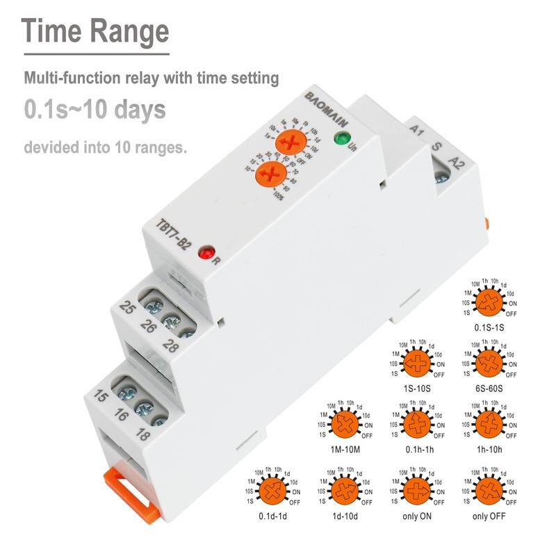 Baomain Multi-Function Time Relay, 16A Delay ON 2 SPDT, DIN