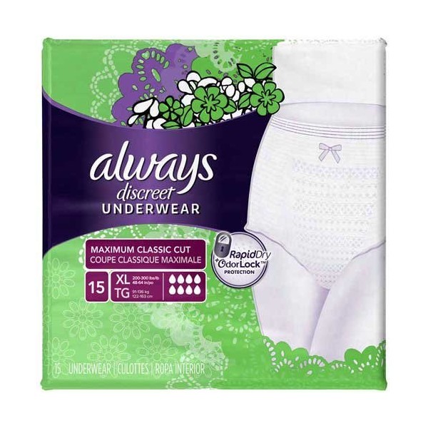 Always Discreet Max Extra Large Underwear, 15 Count per Pack - 3 per case.