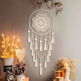 Macrame Dream Catchers for Bedroom Adults Tassels Dream Catcher Wall Decor Large Boho Wall Hanging with Wood Beads Home Decoration Ornament - Color: Tassels-beige