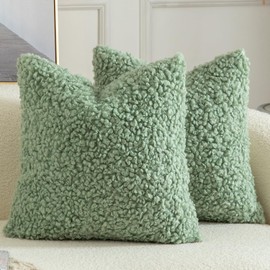 YAERTUN Pack of 2 Faux Fur Cushion Covers Decorative Sherpa Boucle Throw Pillow Covers Fuzzy Soft Sheepskin Fleece Pillowcases for Couch Sofa Bed Living Room 24x24 Inch 60x60cm Sage Green