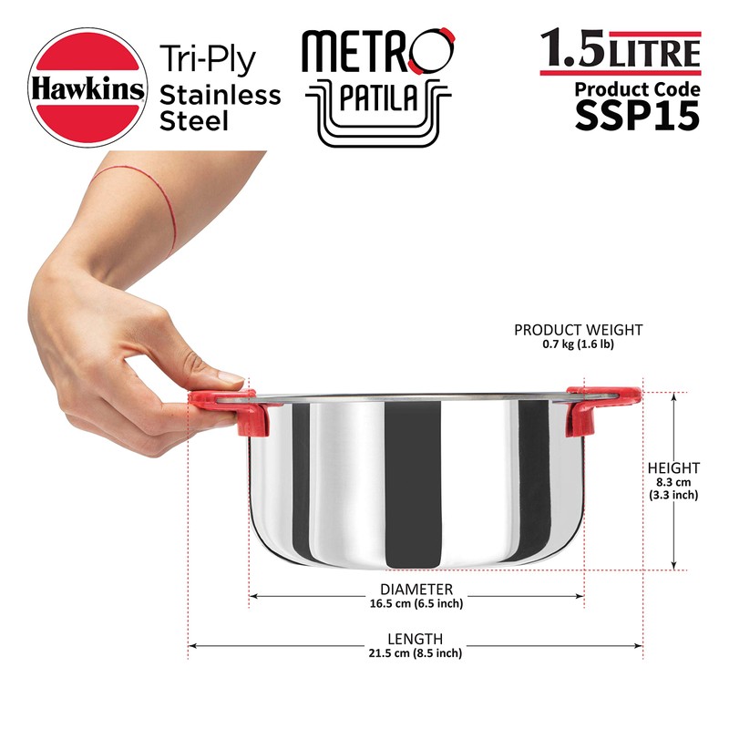 Hawkins 1.5 Litre Metro Patila, Triply Stainless Steel Tope, Induction