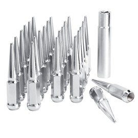DYNOFIT 14 mm x 1.5 Wheel Spike Lug Nuts, 24 x Chrome M14x1.5 Lug Nut, Cone/Conical Bulge Seat, DYNOFIT Silver Closed End Nuts with 1 Socket Key for Chevy Silverado Aftermarket Wheel