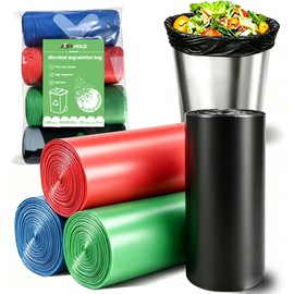 6 Gallon Flat Bottom Flat Mouth Trash Bags, Heavy Duty Unscented Garbage Bags, 4 Color Assorted (Black Green Blue Red) for Kitchen Bathroom Office Small Wastebasket, 100 Count