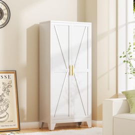 Metal Storage Cabinet with Doors and Shelves,Farmhouse Storage Cabinet with Barn Doors,61" Kitchen Pantry Cabinet,Versatile Storage for Home,Office,Kitchen (White)