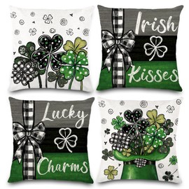 DIYDEC 4PCS St Patricks Day Pillow Covers 18x18 Inches Shamrock Hat Lucky St Patricks Pillow Cases for Home Bed Holiday Decoration Clover Charm Spring Pillow Cases for Sofa Couch Cushion