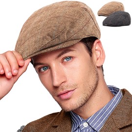 LADYBRO 2Pack Adjustable Newsboy Hats for Men Flat Cap Mens Irish Cabbie Tweed Ivy Cap, Plaid Black+brown 2pack, Large-X-Large