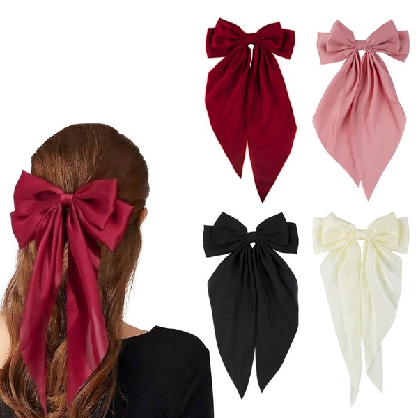 Pack of 4 Silky Satin Large Hair Bow Clips Bowknot Solid Colour LIUCONGBD Scrunchies Hair Clips with Long Ribbon Tail, French Hairpin Hair Accessories for Girls Women (Black, White, Red, Pink)