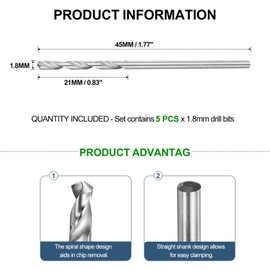 METALLIXITY Drill Bit (1.8mm) 5Pcs, 4241 High-Speed Steel Straight Shank 118° Uncoated Bright Finish Drill Bit for Wood Plastic Iron Copper Aluminum Low Soft Metal