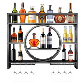 39in Wine Rack Wall Mounted, Modern Metal Wall Bar Shelves with Liquor Bottle & Glass Holder, 3-Tier Bar Liquor Bottle Display Shelf Wall Mounted for Home Bar Kitchen Dining Room (Black, 39in/100cm)
