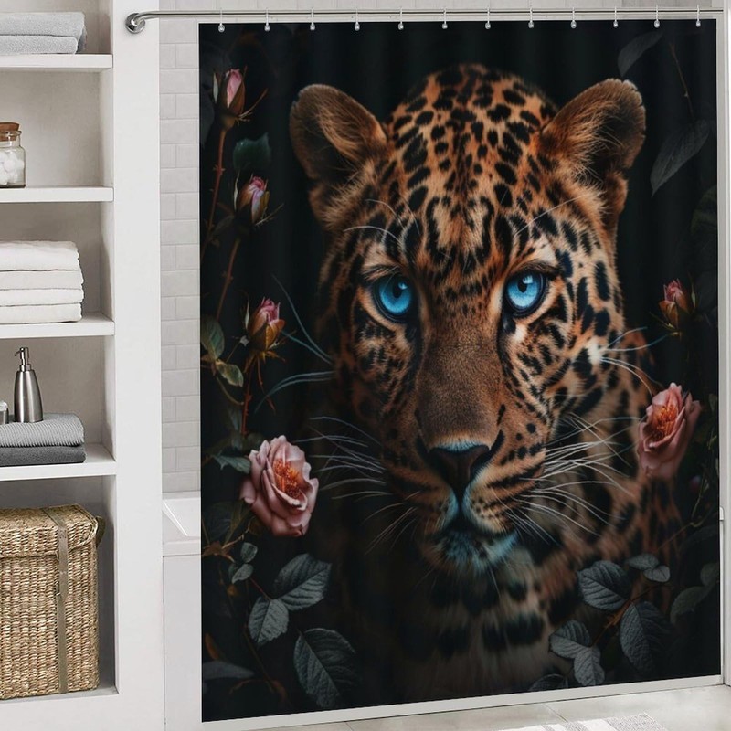 TOWINSFB 4Pcs Funny Leopard Rose Shower Curtain Sets, Bathroom Decor
