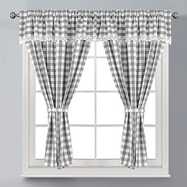 Householdfurnishing Embroidered Kitchen Window Pair Curtains Set Rod Pocket with Attached Valance & Tiebacks (W 48 x L 54 Inch, Silver/White)