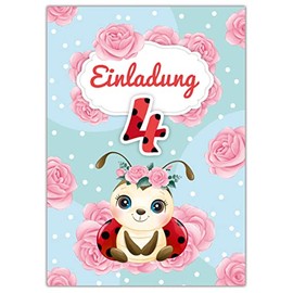 Junapack 12 Invitation Cards for 4th Children's Birthday Fourth Birthday Girl Ladybird