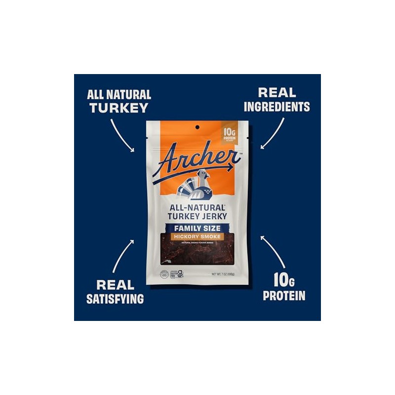 Archer Jerky Turkey Jerky, Hickory Smoke, Protein Snack, Gluten Free