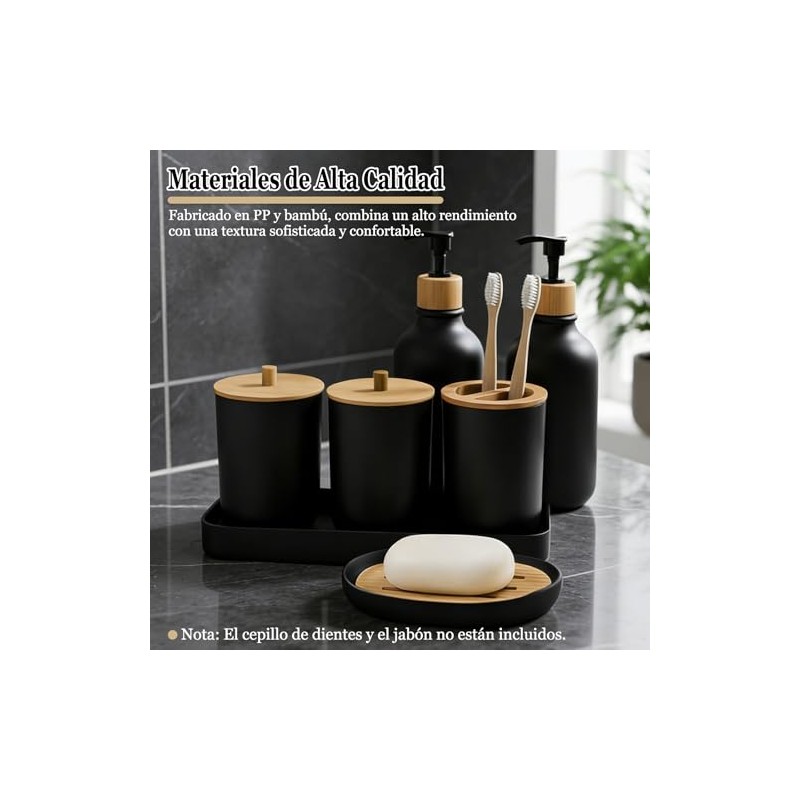 Juego de Accesorios de Baño 7 Piezas, PPBambú Impermeable, Incluye