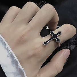 Inateannal Punk Cross Ring Black Crucifix Rings Silver Half Open Cross Ring Metal Finger Rings Retro Simple Rings Jewellery for Women and Girls Gifts
