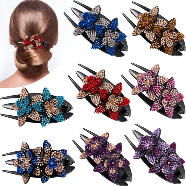 8 Pieces Rhinestone Double Flower Hair Clip 3.5 x 2 Inch Rhinestone Crystal Flower Hairpin Barrettes Crystal Glitter Hair Comb Claw for Women Girls Thick Long Hair
