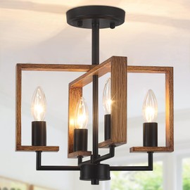 4-Light Farmhouse Ceiling Light, Semi Flush Mount Ceiling Light Fixture, Kitchen Island Lighting Rustic Wood Metal Geometric for Hallway Dining Room Entryway Laundry Bedroom