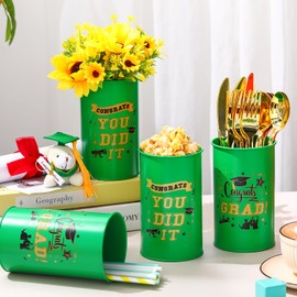 Domensi 6 Pcs 2025 Graduation Table Centerpiece Vase Decorations Class of 2025 Galvanized Metal Tin Vases for Artificial Flowers Grad Caps Cutlery Utensil Holder for Party Supplies Gifts(Green)